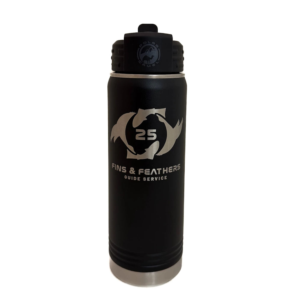 Black insulated bottle with 'Fins & Feathers Guide Service' logo