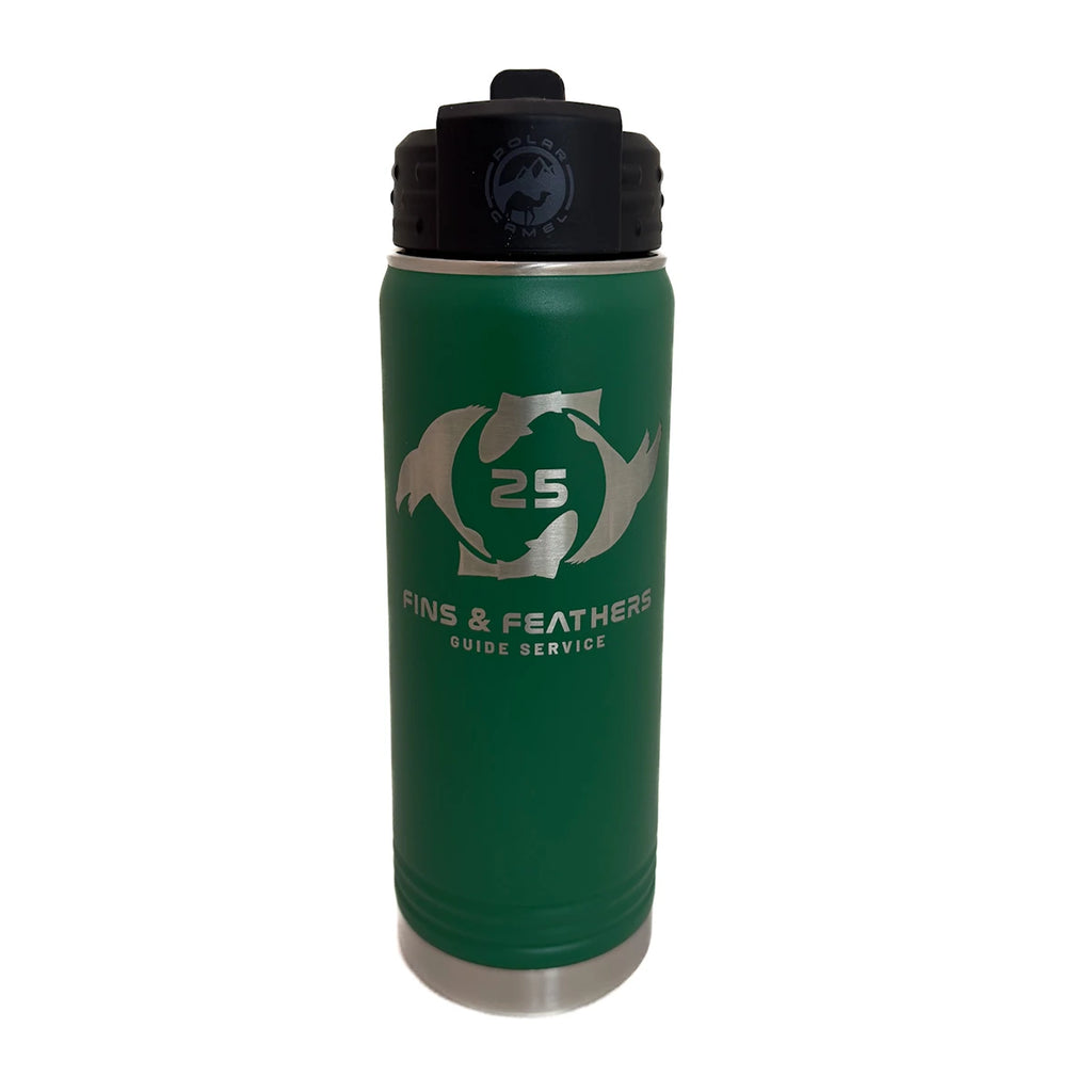 Green insulated bottle with black lid featuring 'Fins & Feathers Guide Service'  logo