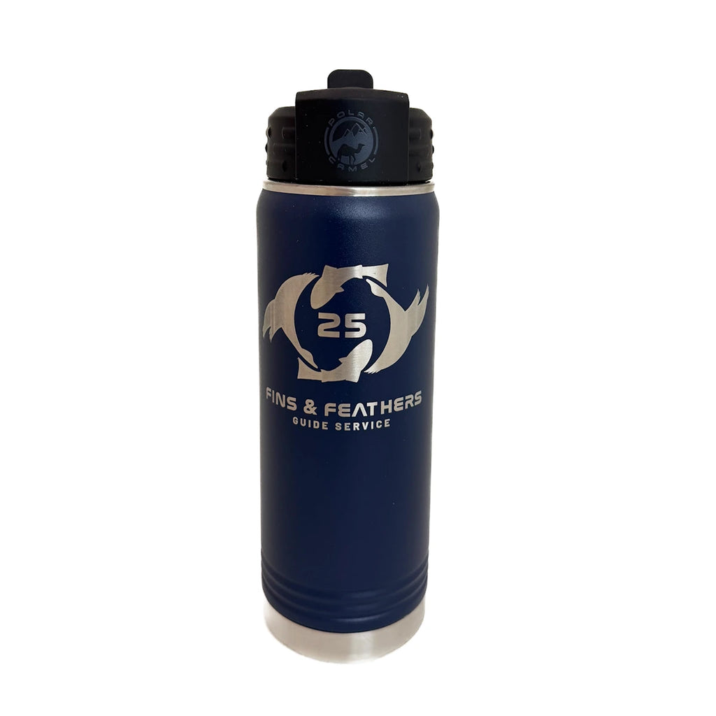 Navy blue water bottle with Fins and Feathers Guide Service logo