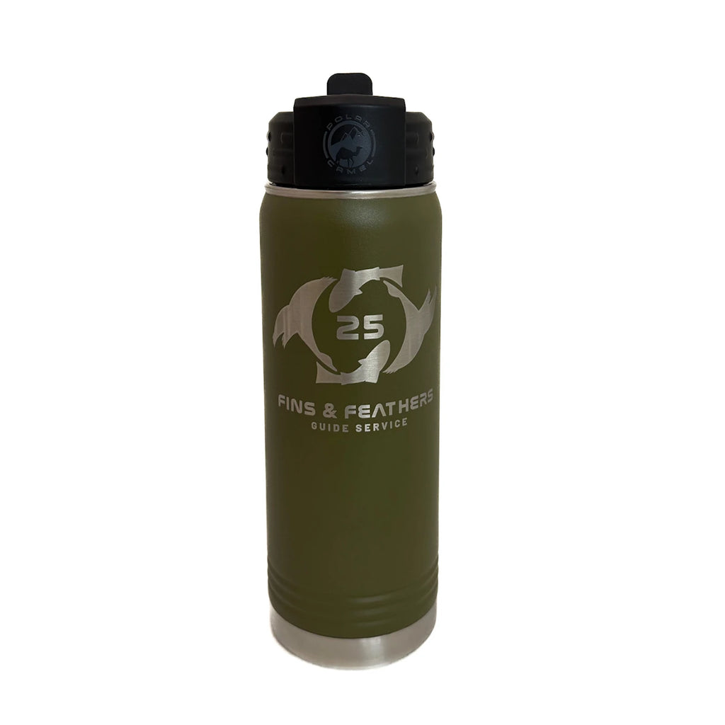 Green water bottle with black lid featuring 'Fins & Feathers Guide Service' logo 