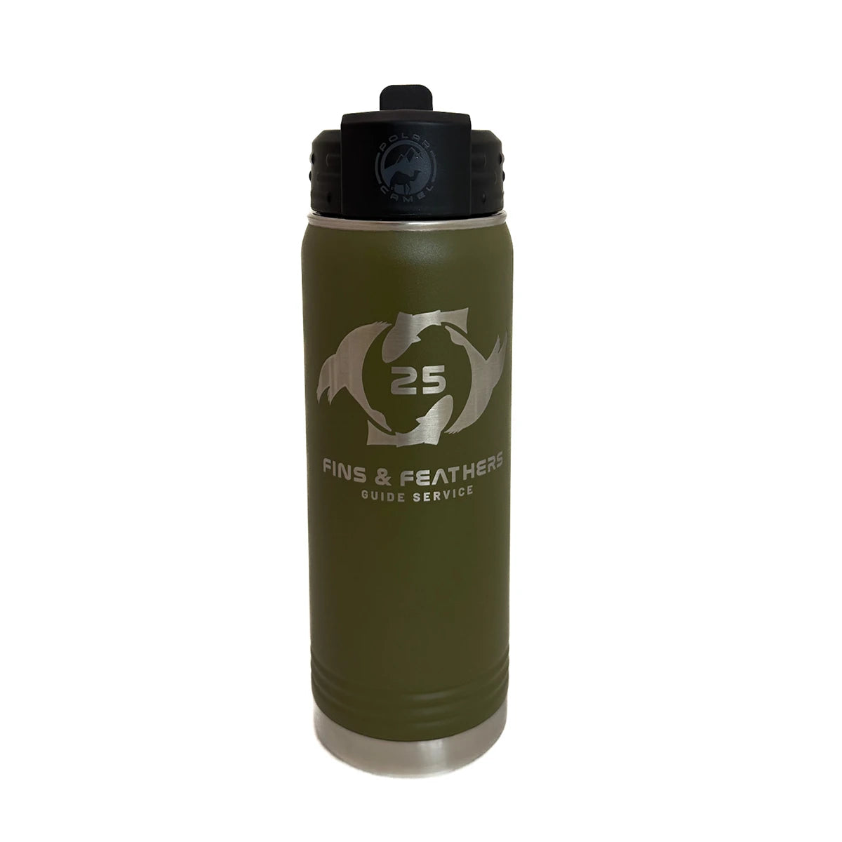Green water bottle with black lid featuring 'Fins & Feathers Guide Service' logo 