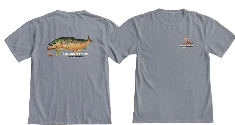 Fins and Feathers Guide Service Mega Brown Logo T